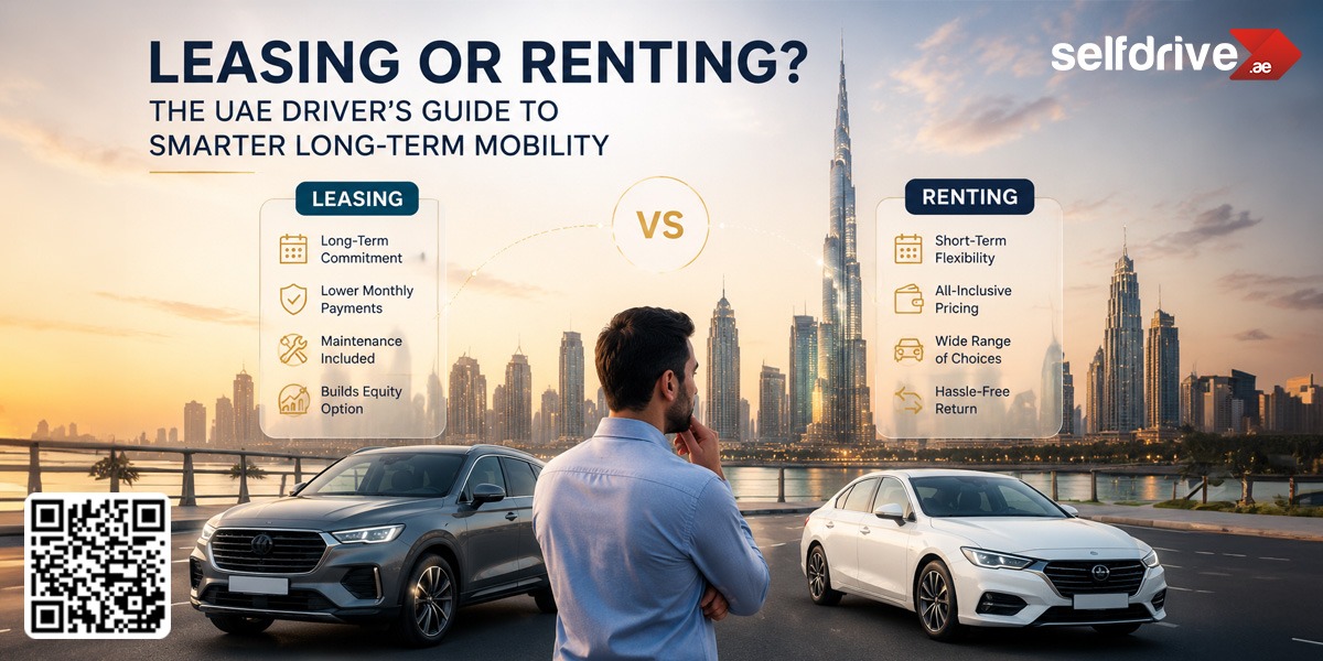A man stands between two cars, gazing at the skyline of Dubai. Text above compares leasing and renting cars, with key benefits listed. A QR code is present.
